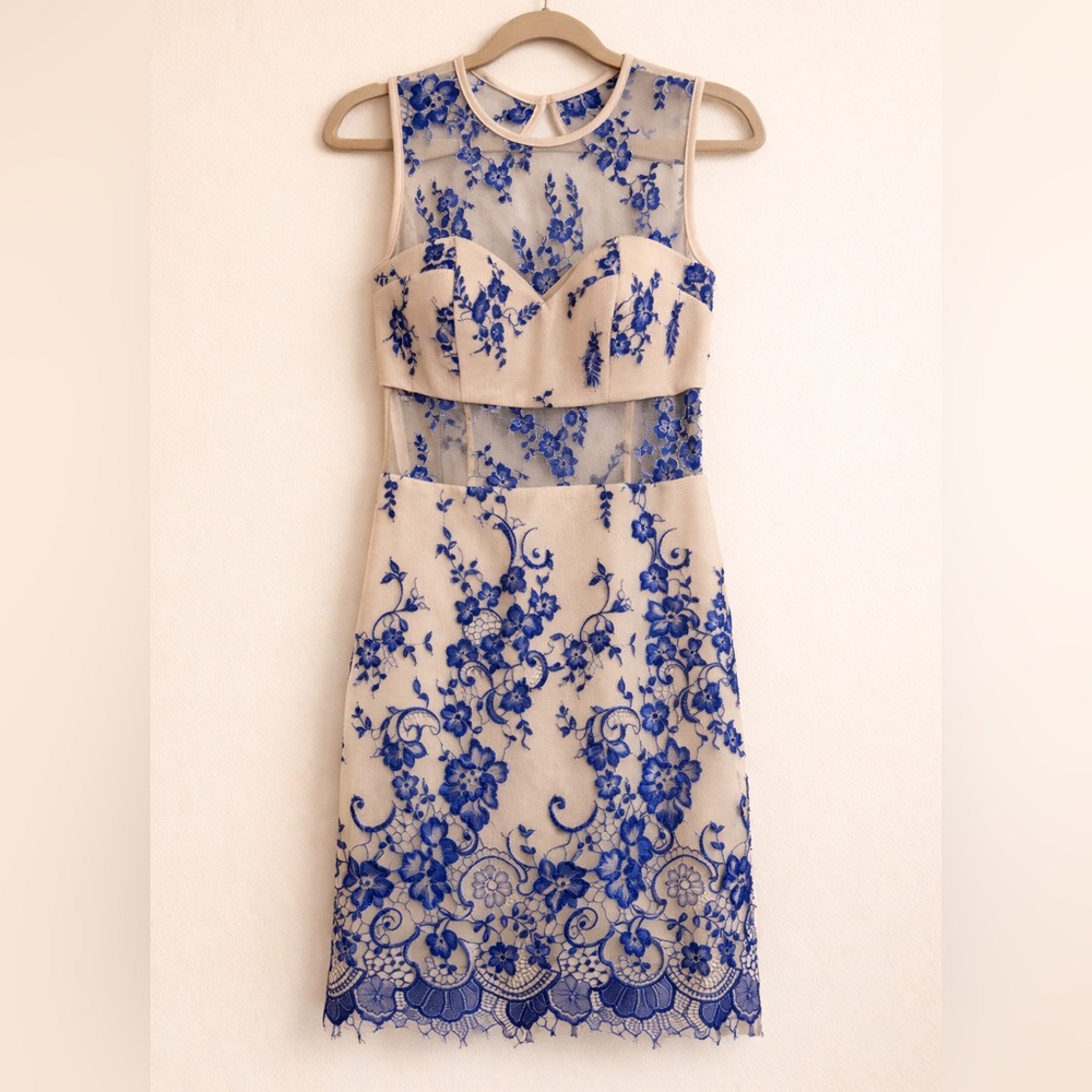 bebe Beige Dress with Blue Floral Lace Overlay